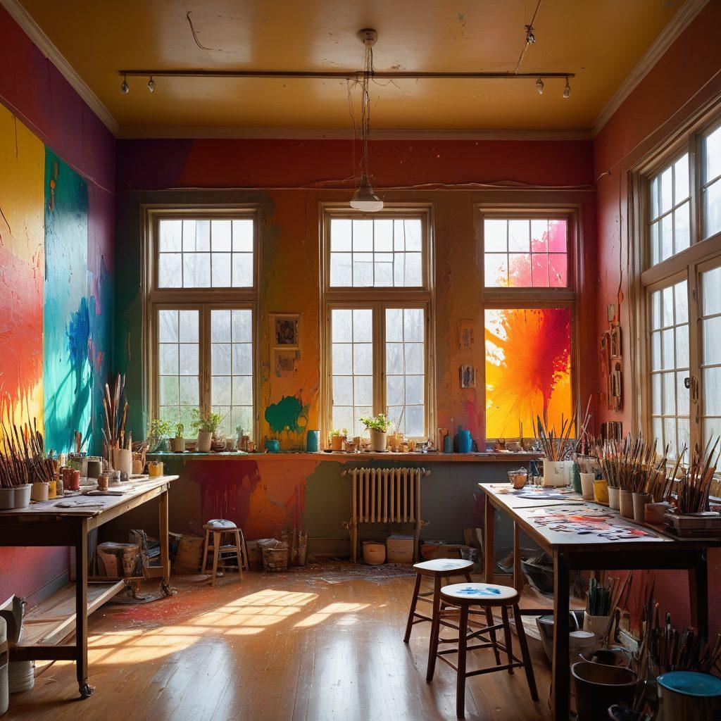 A vibrant art studio brimming with creative energy, featuring an eclectic mix of multimedia tools like paintbrushes, digital tablets, and sculpting materials. The walls are adorned with colorful abstract art and multimedia installations that inspire imagination. A diverse group of artists passionately collaborating and sharing ideas in the forefront, surrounded by splashes of paint and creativity. Bright natural lighting pours in through large windows, illuminating the scene. super-realistic. vibrant colors. 3D.