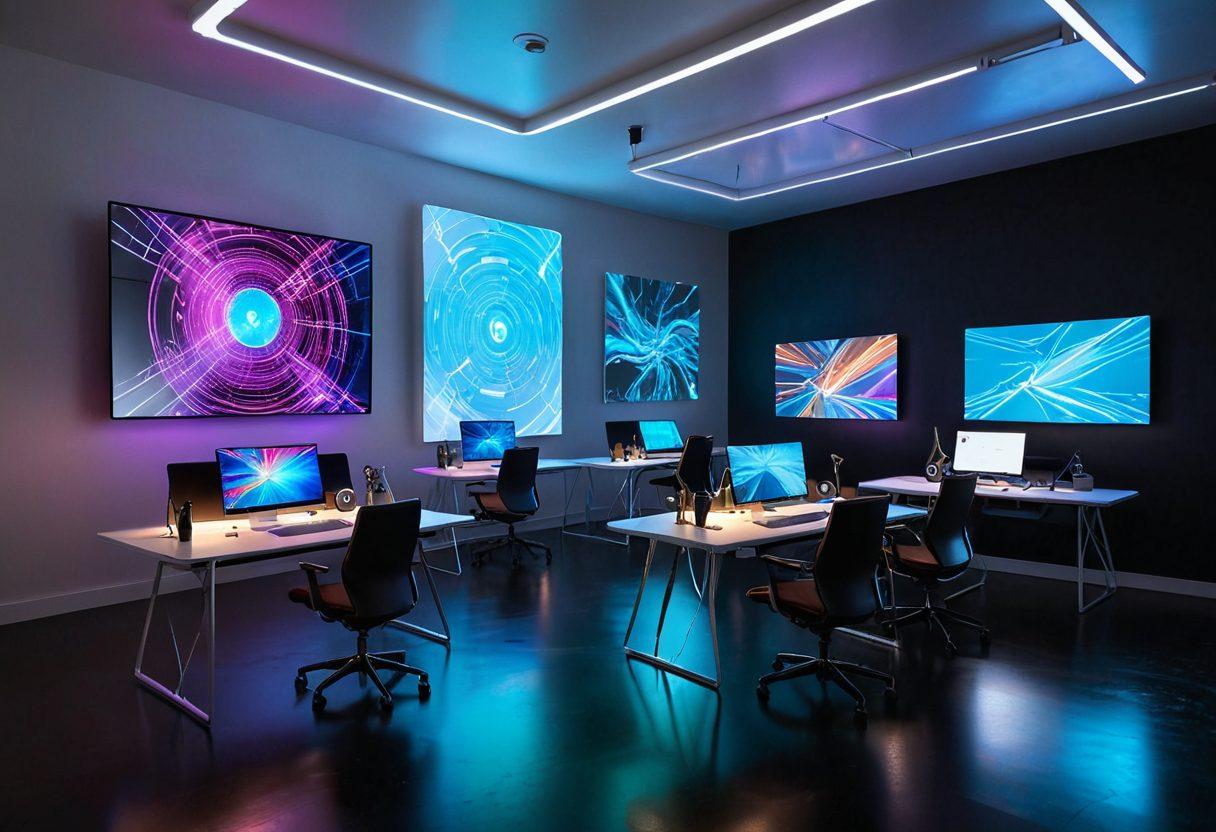 A futuristic design studio teeming with vibrant digital tools, showcasing creators immersed in various media production techniques like video editing and graphic design. The background is filled with holographic screens displaying innovative designs, while bright and imaginative sketches float in the air. A diverse group of artists brainstorm together, symbolizing collaboration and creativity in the design process. ultra-modern, super-realistic, vibrant colors, 3D.