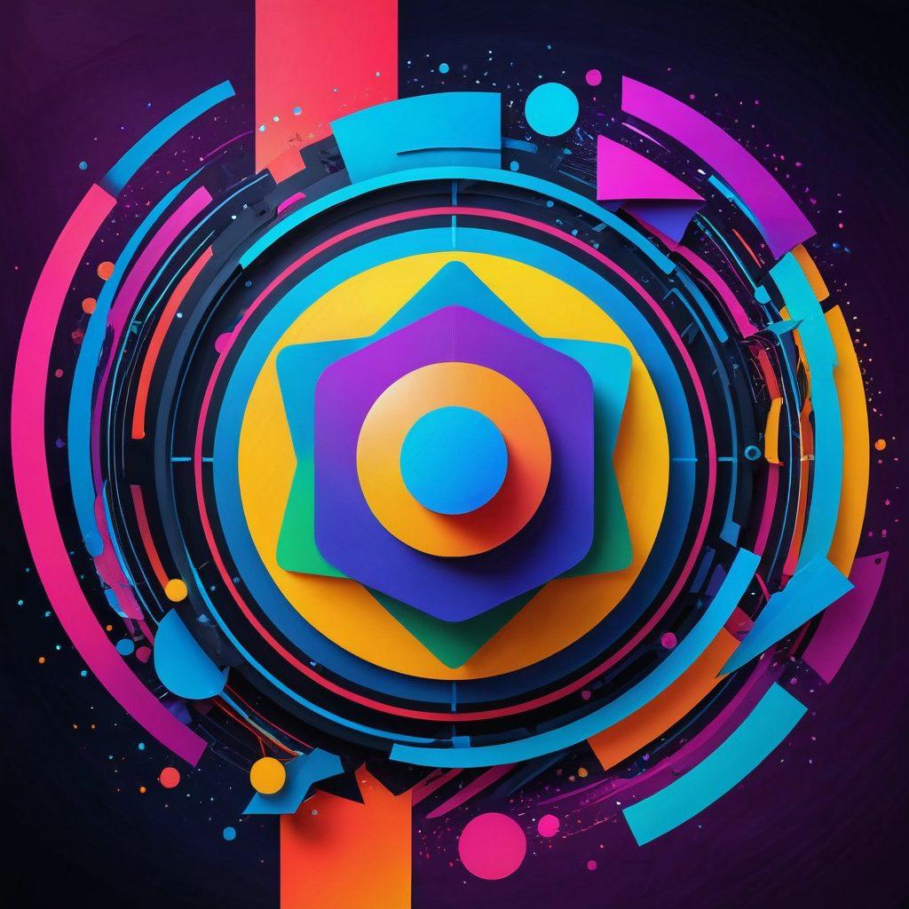 A dynamic fusion of digital art elements showcasing a vibrant palette of colors blending into a striking brand logo in the center. Surrounding the logo, visually stunning imagery of futuristic design tools like tablets and software interfaces, symbolizing the evolution of aesthetic design. Hints of abstract shapes and patterns merging with organic forms to represent the balance between technology and creativity. The overall composition should evoke a sense of innovation and forward-thinking in the realm of digital branding. super-realistic. vibrant colors. 3D.